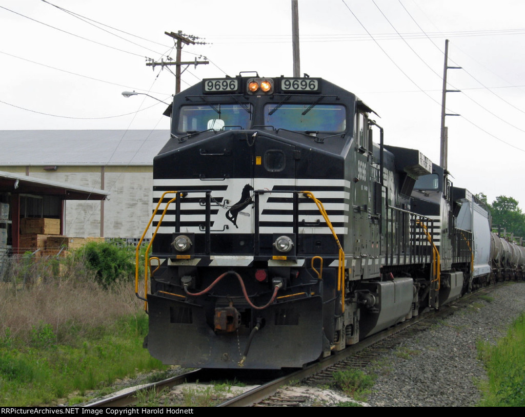 NS 9696 in the lead of train 349, tied down at Raleigh Blvd